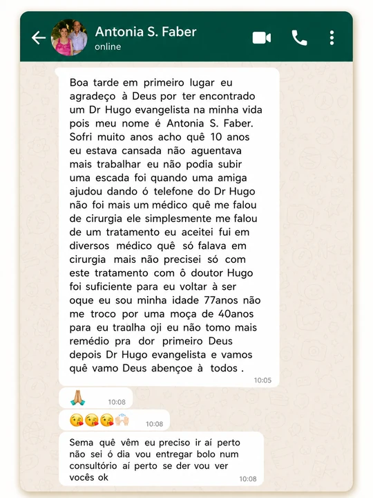 Conversa no WhatsApp com depoimento de Antonia S. Faber sobre sua recuperação sem cirurgia