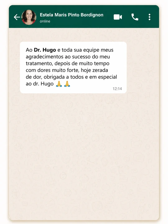 Conversa no WhatsApp com Estela Maris agradecendo pelo sucesso do tratamento e por estar sem dor