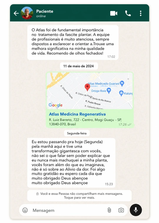Conversa no WhatsApp com paciente relatando melhora da fascite plantar e transformação em sua qualidade de vida