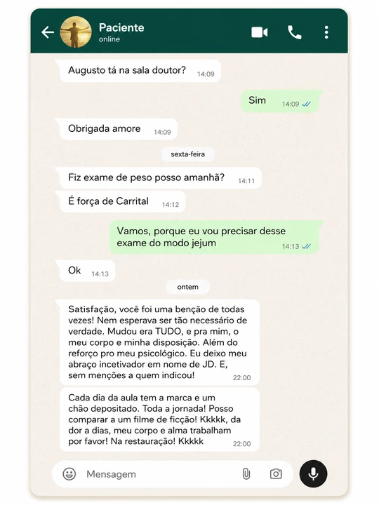 Conversa no WhatsApp com paciente sobre a transformação do corpo, da disposição e do bem-estar
